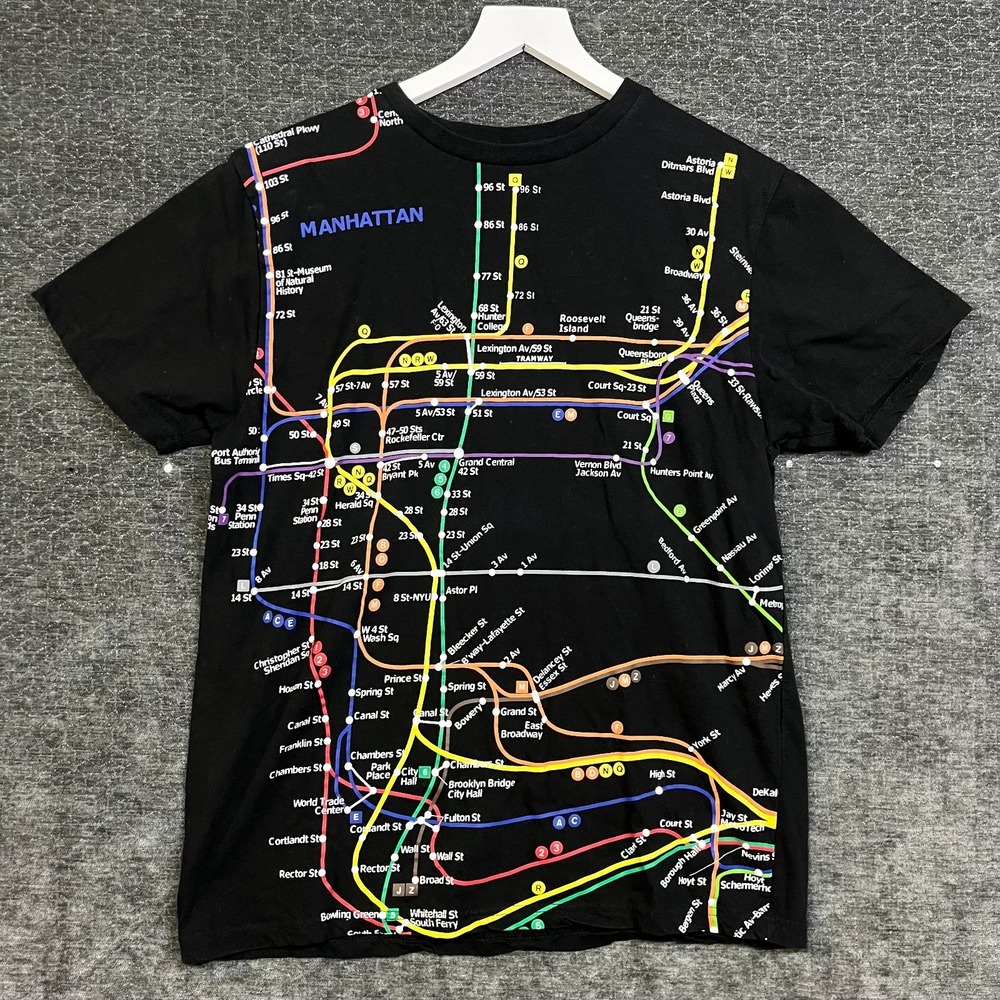 NYC Subway Line Transit Map T-Shirt Men's Black Manhattan Short Sleeve - Large